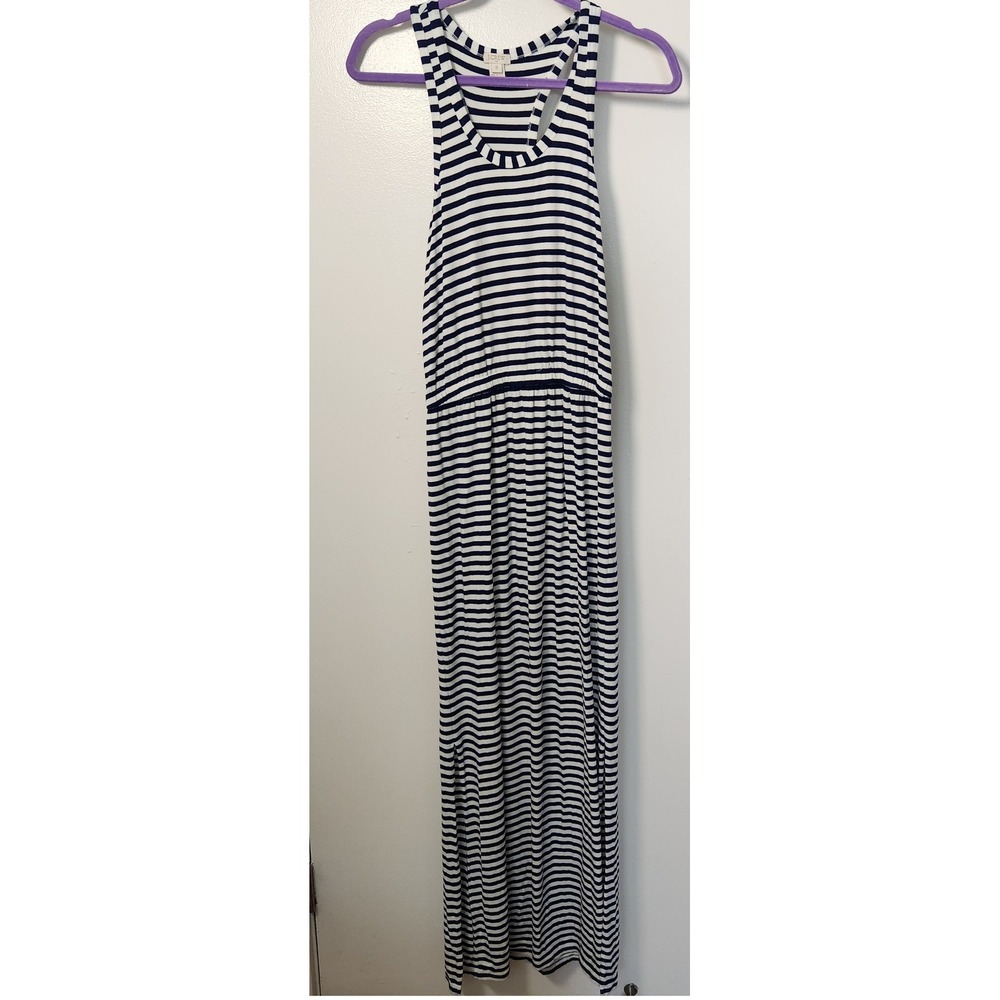 J. Crew Factory‎ Blue White Racerback Maxi Dress Small Side Slits Nautical Beach